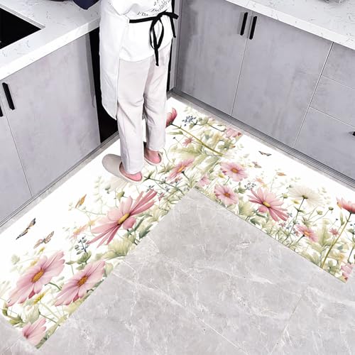 CEDNXOER Küchenteppiche rutschfest Rosa Waschbar Bodenmatten-Set 2 Stück Wildblumen Gänseblümchen Aquarellblumen Anti-Ermüdungs-Stehläufer Für Eingangsbereich Flur Wäscherei, 45×75cm+45×150cm von CEDNXOER