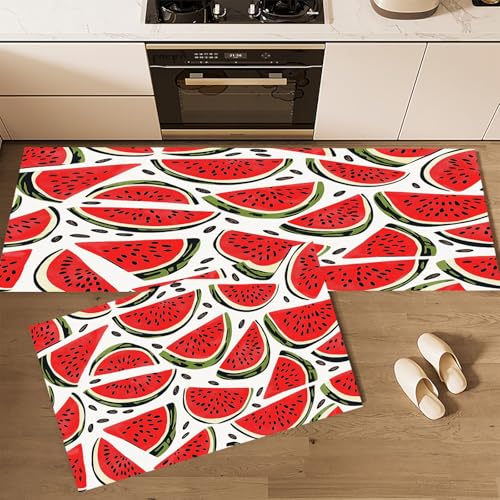 CEDNXOER Küchenteppiche rutschfest Rot Waschbar Bodenmatten-Set 2 Stück Cartoon-Frucht Wassermelone Anti-Ermüdungs-Stehläufer Für Eingangsbereich Flur Wäscherei, 50×80cm+50×160cm CEDNXOER Küchenteppiche rutschfest Rot Waschbar Bodenmatten-Set 2 Stück Cartoon-Frucht Wassermelone Anti-Ermüdungs-Stehläufer Für Eingangsbereich Flur Wäscherei, 50×80cm+50×160cm von CEDNXOER