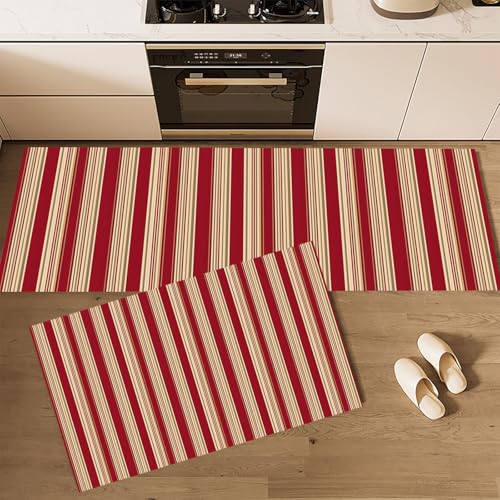 CEDNXOER Küchenteppiche rutschfest Rot Waschbar Bodenmatten-Set 2 Stück Vintage Streifen Klassische Vertikale Streifen Anti-Ermüdungs-Stehläufer Für Eingangsbereich Flur Wäscherei, 45×75cm+45×150cm von CEDNXOER