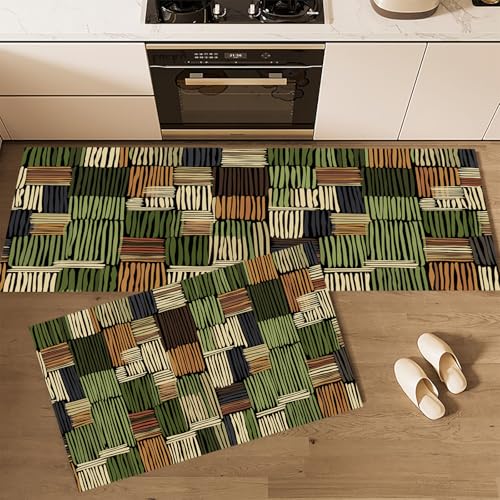 CEDNXOER Küchenteppiche rutschfest Salbeigrün Waschbar Bodenmatten-Set 2 Stück Streifen Geometrisch Abstrakte Quadrate Anti-Ermüdungs-Stehläufer Für Eingangsbereich Flur Wäscherei, 50×80cm+50×160cm von CEDNXOER