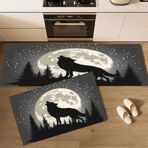 CEDNXOER Küchenteppiche rutschfest Schwarz Waschbar Bodenmatten-Set 2 Stück Abstrakte Tiere Vollmond Wolf Heulen Anti-Ermüdungs-Stehläufer Für Eingangsbereich Flur Wäscherei, 50×80cm+50×160cm von CEDNXOER