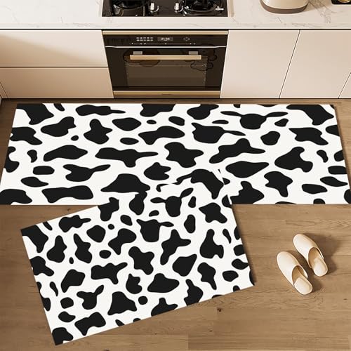 CEDNXOER Küchenteppiche rutschfest Schwarz Waschbar Bodenmatten-Set 2 Stück Einfach Gestreift Kuhmuster Anti-Ermüdungs-Stehläufer Für Eingangsbereich Flur Wäscherei, 43×75cm+43×120cm von CEDNXOER