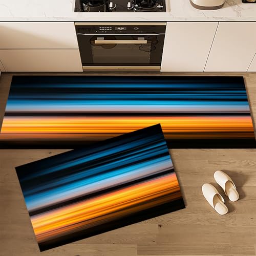 CEDNXOER Küchenteppiche rutschfest Schwarz Waschbar Bodenmatten-Set 2 Stück Einfach Graffiti Unschärfe Streifen Anti-Ermüdungs-Stehläufer Für Eingangsbereich Flur Wäscherei, 40×60cm+40×120cm von CEDNXOER