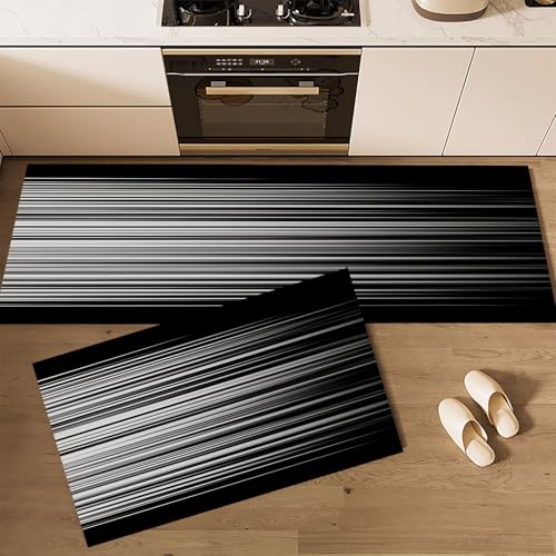 CEDNXOER Küchenteppiche rutschfest Schwarz Waschbar Bodenmatten-Set 2 Stück Farbverlauf Streifen Einfach Linien Anti-Ermüdungs-Stehläufer Für Eingangsbereich Flur Wäscherei, 40×60cm+40×120cm von CEDNXOER