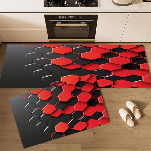 CEDNXOER Küchenteppiche rutschfest Schwarz Waschbar Bodenmatten-Set 2 Stück Geometrie Rotes Sechseck Anti-Ermüdungs-Stehläufer Für Eingangsbereich Flur Wäscherei, 40×60cm+40×120cm von CEDNXOER