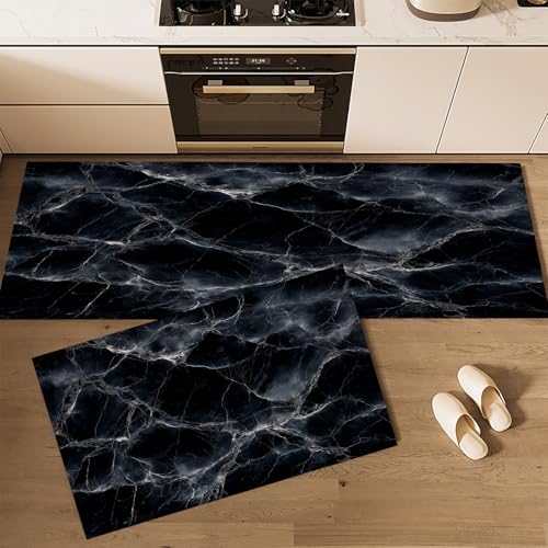 CEDNXOER Küchenteppiche rutschfest Schwarz Waschbar Bodenmatten-Set 2 Stück Natur Marmor Weiße Textur Anti-Ermüdungs-Stehläufer Für Eingangsbereich Flur Wäscherei, 43×75cm+43×120cm von CEDNXOER