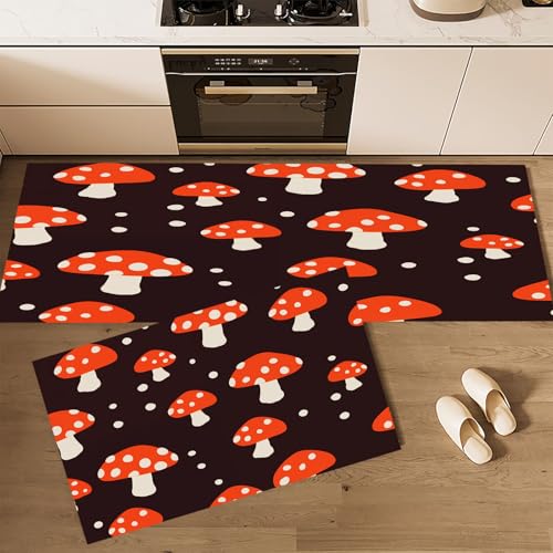 CEDNXOER Küchenteppiche rutschfest Schwarz Waschbar Bodenmatten-Set 2 Stück Süßer Pilz Cartoon-Pilz Anti-Ermüdungs-Stehläufer Für Eingangsbereich Flur Wäscherei, 45×75cm+45×150cm von CEDNXOER