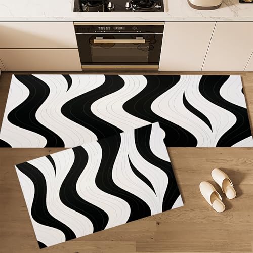 CEDNXOER Küchenteppiche rutschfest Schwarz Waschbar Bodenmatten-Set 2 Stück Vintage Streifen Wellenlinien Anti-Ermüdungs-Stehläufer Für Eingangsbereich Flur Wäscherei, 50×80cm+50×160cm von CEDNXOER