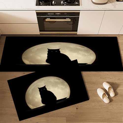 CEDNXOER Küchenteppiche rutschfest Schwarz Waschbar Bodenmatten-Set 2 Stück Zeichentrick Tiere Mond Katzenschatten Anti-Ermüdungs-Stehläufer Für Eingangsbereich Flur Wäscherei, 50×80cm+50×160cm von CEDNXOER