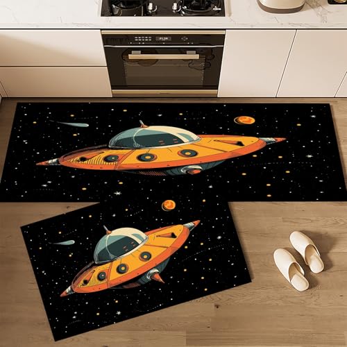 CEDNXOER Küchenteppiche rutschfest Schwarz Waschbar Bodenmatten-Set 2 Stück Zeichentrick Universum Gelbes Raumschiff Anti-Ermüdungs-Stehläufer Für Eingangsbereich Flur Wäscherei, 43×75cm+43×120cm von CEDNXOER