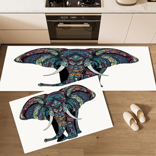 CEDNXOER Küchenteppiche rutschfest Weiß Waschbar Bodenmatten-Set 2 Stück Abstrakt Tiere Boho-Stil Afrikanischer Elefant Anti-Ermüdungs-Stehläufer Für Eingangsbereich Flur Wäscherei, 43×75cm+43×120cm von CEDNXOER