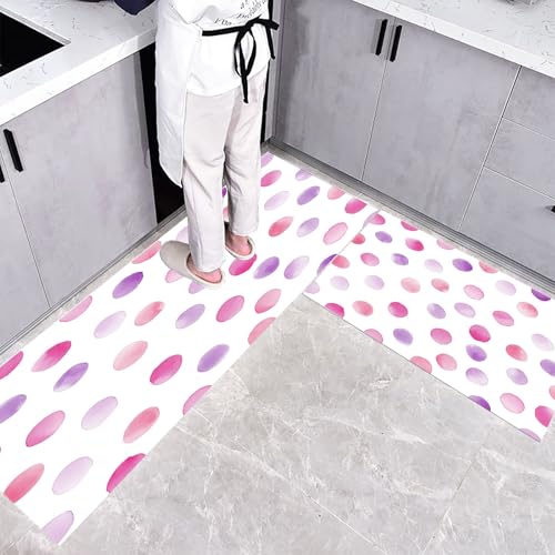 CEDNXOER Küchenteppiche rutschfest Weiß Waschbar Bodenmatten-Set 2 Stück Aquarell Geometrisch Lila Tupfen Anti-Ermüdungs-Stehläufer Für Eingangsbereich Flur Wäscherei, 43×75cm+43×120cm von CEDNXOER