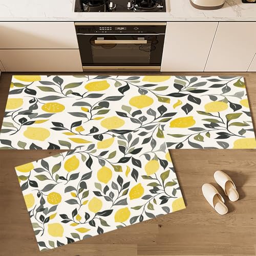 CEDNXOER Küchenteppiche rutschfest Weiß Waschbar Bodenmatten-Set 2 Stück Aquarell Obst Zitrone Blätter Anti-Ermüdungs-Stehläufer Für Eingangsbereich Flur Wäscherei, 40×60cm+40×120cm von CEDNXOER