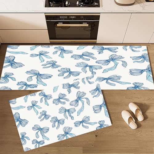 CEDNXOER Küchenteppiche rutschfest Weiß Waschbar Bodenmatten-Set 2 Stück Cartoon Gekritzel Band Schleife Anti-Ermüdungs-Stehläufer Für Eingangsbereich Flur Wäscherei, 43×75cm+43×120cm von CEDNXOER