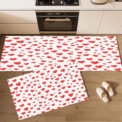 CEDNXOER Küchenteppiche rutschfest Weiß Waschbar Bodenmatten-Set 2 Stück Einfach Geometrisch Rotes Liebesherz Anti-Ermüdungs-Stehläufer Für Eingangsbereich Flur Wäscherei, 43×75cm+43×120cm von CEDNXOER