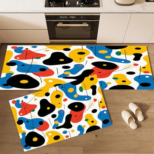 CEDNXOER Küchenteppiche rutschfest Weiß Waschbar Bodenmatten-Set 2 Stück Einfach Streifen Blaue Graffiti Anti-Ermüdungs-Stehläufer Für Eingangsbereich Flur Wäscherei, 43×75cm+43×120cm von CEDNXOER