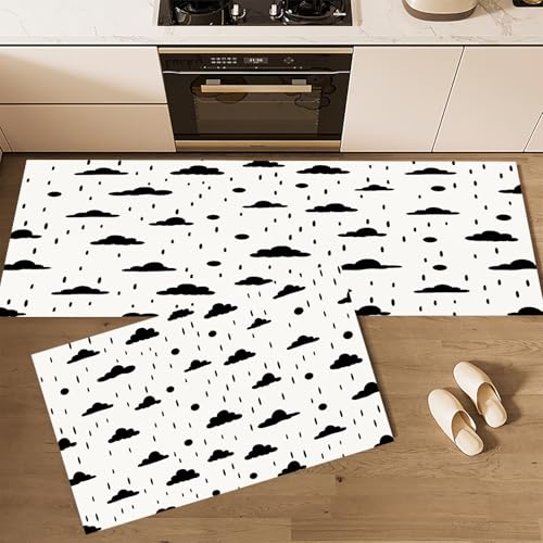 CEDNXOER Küchenteppiche rutschfest Weiß Waschbar Bodenmatten-Set 2 Stück Einfach Streifen Schwarz Wolken Regentropfen Anti-Ermüdungs-Stehläufer Für Eingangsbereich Flur Wäscherei, 40×60cm+40×120cm CEDNXOER Küchenteppiche rutschfest Weiß Waschbar Bodenmatten-Set 2 Stück Einfach Streifen Schwarz Wolken Regentropfen Anti-Ermüdungs-Stehläufer Für Eingangsbereich Flur Wäscherei, 40×60cm+40×120cm von CEDNXOER