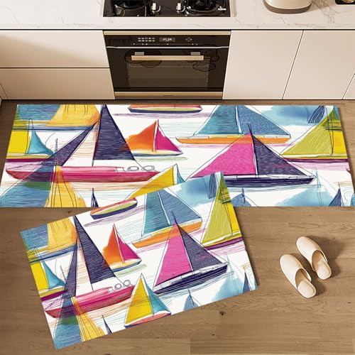 CEDNXOER Küchenteppiche rutschfest Weiß Waschbar Bodenmatten-Set 2 Stück Handgezeichnetes Schiff Graffiti Segelboot Anti-Ermüdungs-Stehläufer Für Eingangsbereich Flur Wäscherei, 50×80cm+50×160cm CEDNXOER Küchenteppiche rutschfest Weiß Waschbar Bodenmatten-Set 2 Stück Handgezeichnetes Schiff Graffiti Segelboot Anti-Ermüdungs-Stehläufer Für Eingangsbereich Flur Wäscherei, 50×80cm+50×160cm von CEDNXOER