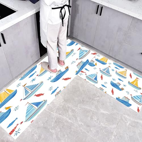 CEDNXOER Küchenteppiche rutschfest Weiß Waschbar Bodenmatten-Set 2 Stück Kinder Abbildung Blaues Segelboot Anti-Ermüdungs-Stehläufer Für Eingangsbereich Flur Wäscherei, 50×80cm+50×160cm CEDNXOER Küchenteppiche rutschfest Weiß Waschbar Bodenmatten-Set 2 Stück Kinder Abbildung Blaues Segelboot Anti-Ermüdungs-Stehläufer Für Eingangsbereich Flur Wäscherei, 50×80cm+50×160cm von CEDNXOER