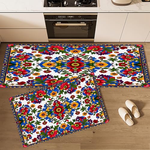 CEDNXOER Küchenteppiche rutschfest Weiß Waschbar Bodenmatten-Set 2 Stück Landschaft Blumen Elegant Blumig Anti-Ermüdungs-Stehläufer Für Eingangsbereich Flur Wäscherei, 50×80cm+50×160cm von CEDNXOER