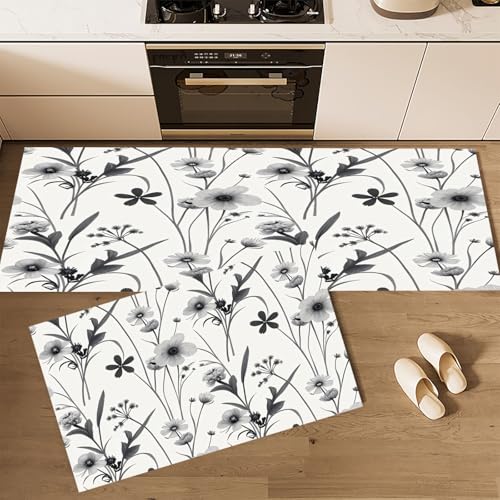 CEDNXOER Küchenteppiche rutschfest Weiß Waschbar Bodenmatten-Set 2 Stück Landschaft Blumen Schlicht Blumig Anti-Ermüdungs-Stehläufer Für Eingangsbereich Flur Wäscherei, 40×60cm+40×120cm von CEDNXOER