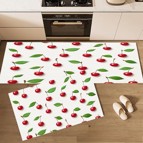 CEDNXOER Küchenteppiche rutschfest Weiß Waschbar Bodenmatten-Set 2 Stück Süß Obst Rote Kirsche Blätter Anti-Ermüdungs-Stehläufer Für Eingangsbereich Flur Wäscherei, 43×75cm+43×120cm von CEDNXOER