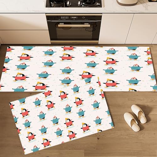 CEDNXOER Küchenteppiche rutschfest Weiß Waschbar Bodenmatten-Set 2 Stück Zeichentrick Tiere Süßer Pinguin Anti-Ermüdungs-Stehläufer Für Eingangsbereich Flur Wäscherei, 40×60cm+40×120cm von CEDNXOER