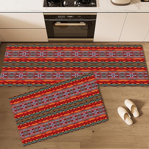 CEDNXOER Küchenteppiche rutschfest Ziegelrot Waschbar Bodenmatten-Set 2 Stück Geometrisch Bohème Abstrakt Kreuz Anti-Ermüdungs-Stehläufer Für Eingangsbereich Flur Wäscherei, 43×75cm+43×120cm von CEDNXOER