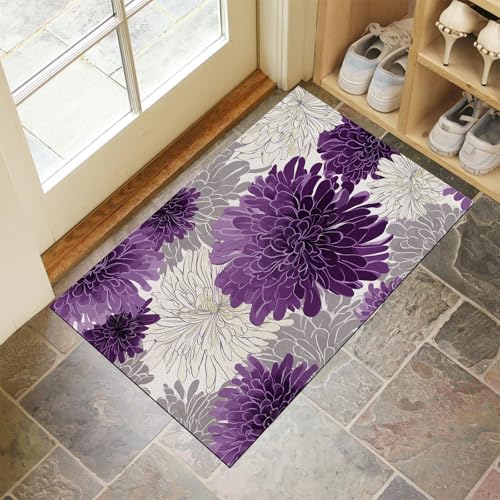 CEDNXOER Lila Fußmatte Innen 60x90 cm Landschaft Blumen, Waschbar Eingangsteppich, Grau Chrysantheme Schmutzfangmatte rutschfest, Kurzflor Türmatte Teppich für Eingang, Haustür, Flur von CEDNXOER