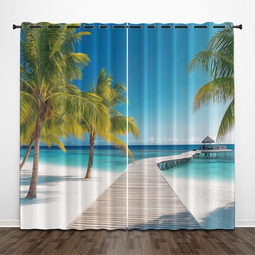CEDNXOER Malediven Strand Blickdichte Vorhänge, 3D Kokosnussbaum Verdunklungsvorhänge 2er Set Gardinen Mit ösen Schlafzimmer Wohnzimmer Thermovorhang Kälteschutz H 225 x B 140 cm Schallschutz Vorhang von CEDNXOER