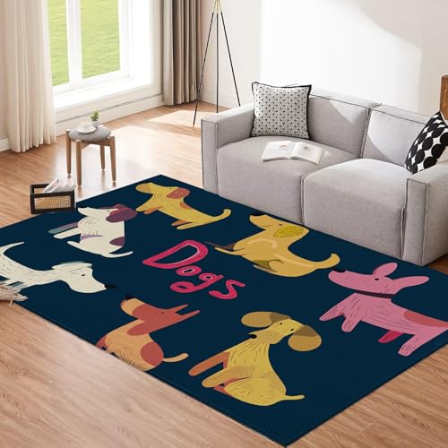 CEDNXOER Marineblau Teppich, 160x230cm Waschbare Große Wohnzimmer, Cartoon-Hund Teppiche für Schlafzimmer, Süßer Hund rutschfeste Low Pile Raumteppich für Küche Eingang Bad Kinderzimmer von CEDNXOER