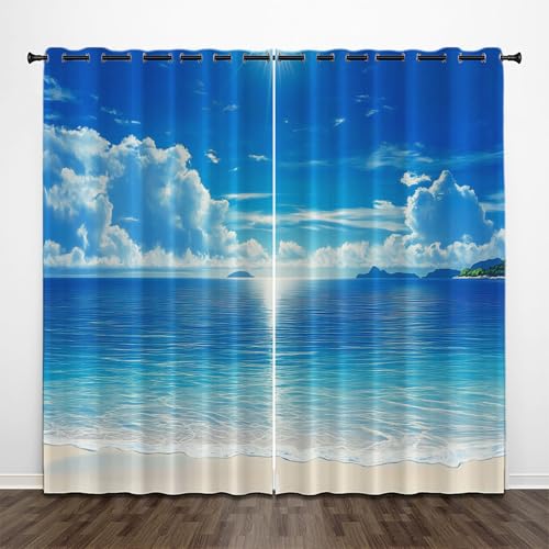CEDNXOER Natur Landschaft Thermovorhang Kälteschutz 2er Set H 245 x B 140 cm Schlafzimmer Gardinen Blickdicht Blau Verdunklungsvorhänge mit Ösen, Strand Ozean Thermal Curtains Blackout Vorhang von CEDNXOER