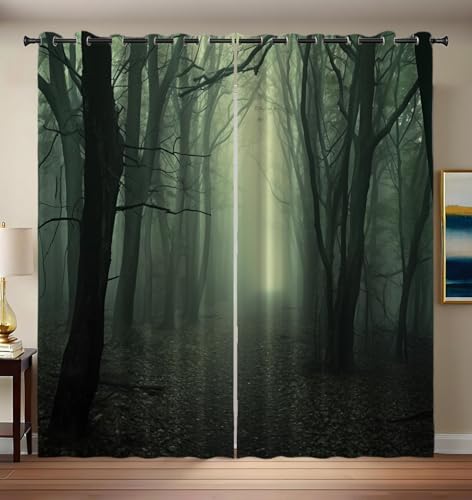 CEDNXOER Nebel Wald Vorhang Verdunkelung Gothic Dunkel Blickdichte Vorhänge, Salbeigrün Gardinen Mit ösen Schlafzimmer Wohnzimmer Verdunklungsvorhänge 2er Set H 214 x B 132 cm von CEDNXOER