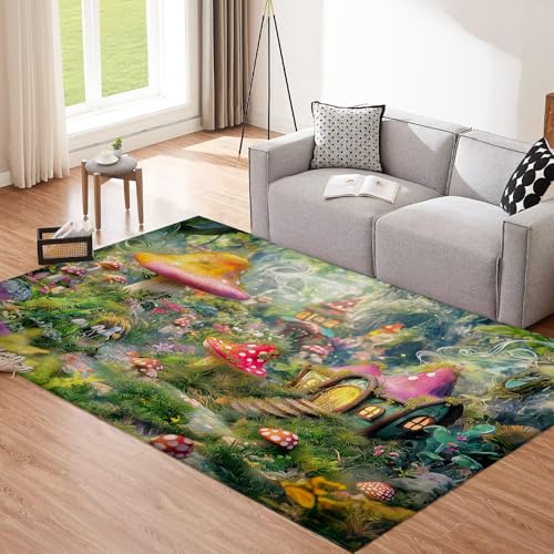 CEDNXOER Olivgrün Teppich, 120x180cm Waschbare Große Wohnzimmer, Fantasiewald Teppiche für Schlafzimmer, Abstrakter Pilz rutschfeste Low Pile Raumteppich für Küche Eingang Bad Kinderzimmer von CEDNXOER