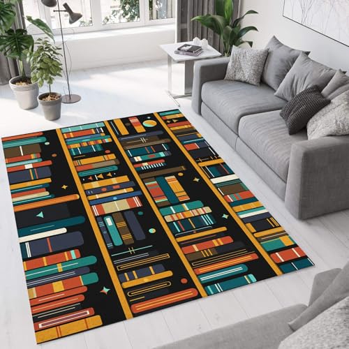 CEDNXOER Retro Bibliothek Teppich für Wohnzimmer, 80x150cm Waschbarer Kurzflor Rechteckiger Rutschfester für Schlafzimmer Küche Esszimmer Abstraktes Bücherregal Deko Carpet von CEDNXOER