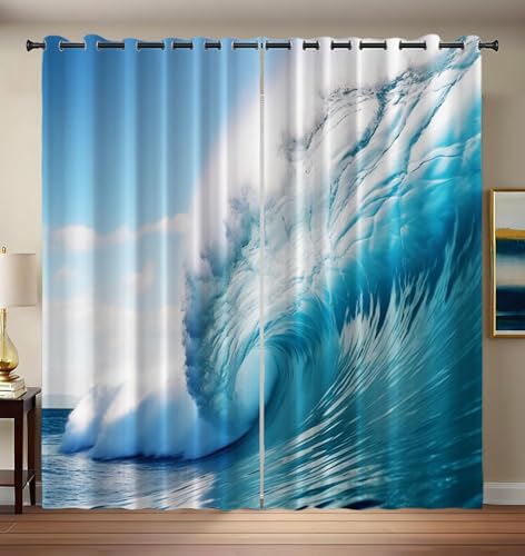 CEDNXOER Riesige Wellen Vorhang Verdunkelung Natur Meerblick Blickdichte Vorhänge, Seeblau Gardinen Mit ösen Schlafzimmer Wohnzimmer Verdunklungsvorhänge 2er Set H 245 x B 140 cm von CEDNXOER