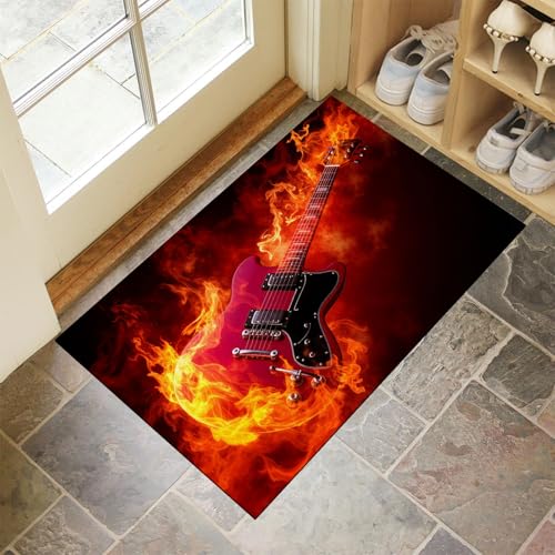 CEDNXOER Rot Fußmatte Innen 90x150 cm Musik Noten, Waschbar Eingangsteppich, Flammen Gitarre Schmutzfangmatte rutschfest, Kurzflor Türmatte Teppich für Eingang, Haustür, Flur von CEDNXOER