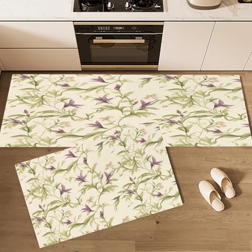 CEDNXOER Rutschfestes Küchenmatten Sets, Lavendel Blumen rutschfest Waschbar Pflegeleicht, 2 Teilige Küchenteppiche, Feld Blumen Pflanzen Teppich Runner Set, 50×80cm+50×160cm Bodenmatte für Küche von CEDNXOER