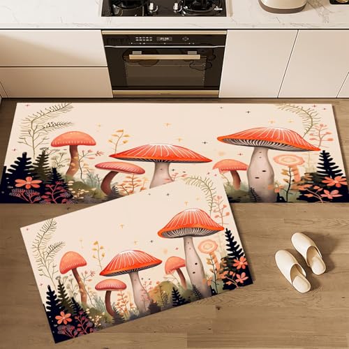 CEDNXOER Rutschfestes Küchenmatten Sets, Pilze Farne rutschfest Waschbar Pflegeleicht, 2 Teilige Küchenteppiche, Verträumt Pflanzen Teppich Runner Set, 50×80cm+50×160cm Bodenmatte für Küche von CEDNXOER