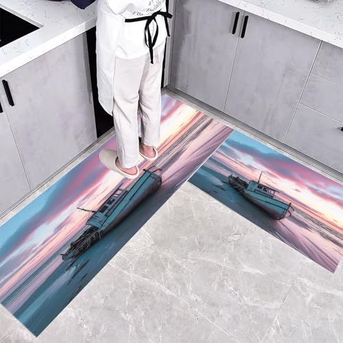 CEDNXOER Rutschfestes Küchenmatten Sets, Strand Boot rutschfest Waschbar Pflegeleicht, 2 Teilige Küchenteppiche, Natur Sonnenuntergang Teppich Runner Set, 50×80cm+50×160cm Bodenmatte für Küche von CEDNXOER