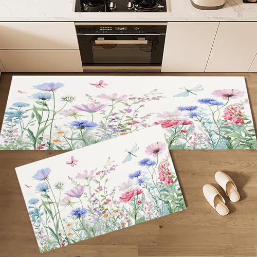 CEDNXOER Rutschfestes Küchenmatten Sets, Wildblumen Libelle rutschfest Waschbar Pflegeleicht, 2 Teilige Küchenteppiche, Blumen Teppich Runner Set, 45×75cm+45×150cm Bodenmatte für Küche CEDNXOER Rutschfestes Küchenmatten Sets, Wildblumen Libelle rutschfest Waschbar Pflegeleicht, 2 Teilige Küchenteppiche, Blumen Teppich Runner Set, 45×75cm+45×150cm Bodenmatte für Küche von CEDNXOER