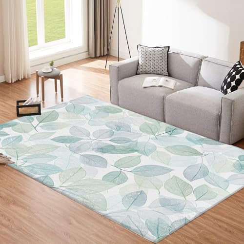 CEDNXOER Salbeigrün Teppich, 120x180cm Waschbare Große Wohnzimmer, Aquarell Blätter Teppiche für Schlafzimmer, Blau Zweige rutschfeste Low Pile Raumteppich für Küche Eingang Bad Kinderzimmer von CEDNXOER