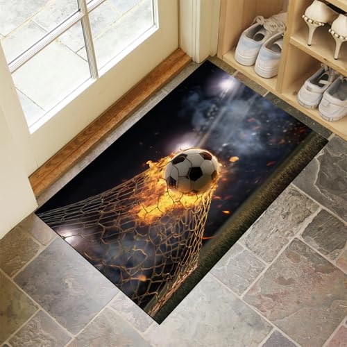 CEDNXOER Schwarz Fußmatte Innen 50x80 cm Flamme Fußball Sport, Waschbar Eingangsteppich, Fußballtor Schmutzfangmatte rutschfest, Kurzflor Türmatte Teppich für Eingang, Haustür, Flur von CEDNXOER