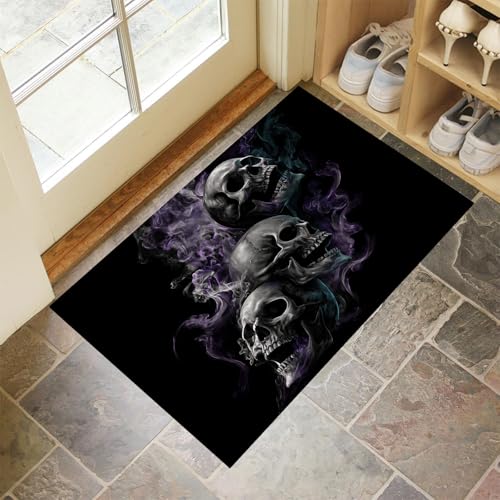 CEDNXOER Schwarz Fußmatte Innen 50x80 cm Horror Halloween, Waschbar Eingangsteppich, Schädel Rauch Schmutzfangmatte rutschfest, Kurzflor Türmatte Teppich für Eingang, Haustür, Flur von CEDNXOER