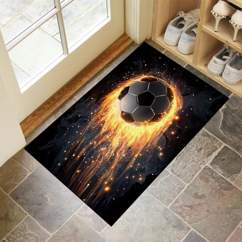 CEDNXOER Schwarz Fußmatte Innen 50x80 cm Spiele Sport, Waschbar Eingangsteppich, Flamme Fußball Schmutzfangmatte rutschfest, Kurzflor Türmatte Teppich für Eingang, Haustür, Flur von CEDNXOER