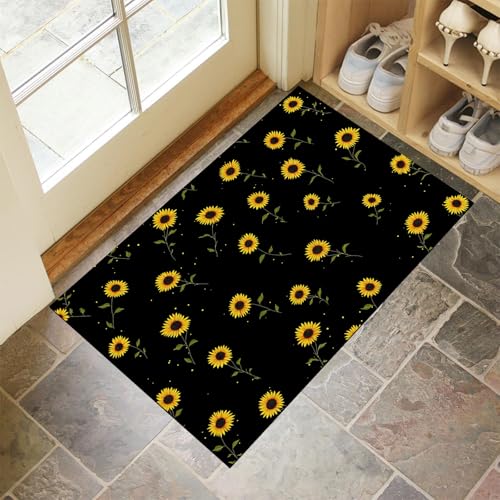 CEDNXOER Schwarz Fußmatte Innen 60x90 cm Schlicht Blumig, Waschbar Eingangsteppich, Sonnenblume Schmutzfangmatte rutschfest, Kurzflor Türmatte Teppich für Eingang, Haustür, Flur von CEDNXOER