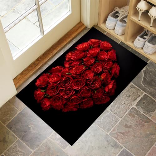 CEDNXOER Schwarz Fußmatte Innen 80x120 cm Liebe Romantik Blumen, Waschbar Eingangsteppich, Rote Rosen Herzform Schmutzfangmatte rutschfest, Kurzflor Türmatte Teppich für Eingang, Haustür, Flur von CEDNXOER