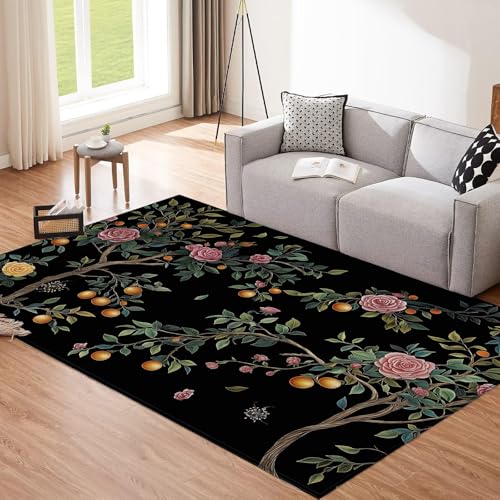 CEDNXOER Schwarz Teppich, 50x80cm Waschbare Große Wohnzimmer, Orientalisch Pfingstrose Teppiche für Schlafzimmer, Abstrakt Zweige rutschfeste Low Pile Raumteppich für Küche Eingang Bad Kinderzimmer von CEDNXOER