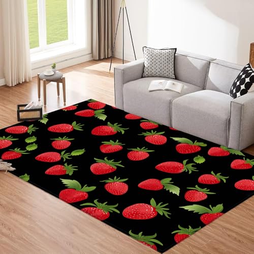 CEDNXOER Schwarz Teppich, 80x150cm Waschbare Große Wohnzimmer, Cartoon-Erdbeere Teppiche für Schlafzimmer, Rote Früchte rutschfeste Low Pile Raumteppich für Küche Eingang Bad Kinderzimmer von CEDNXOER