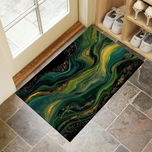 CEDNXOER Smaragdgrün Fußmatte Innen 60x90 cm Goldener Marmor, Waschbar Eingangsteppich, Wirbel Linien Schmutzfangmatte rutschfest, Kurzflor Türmatte Teppich für Eingang, Haustür, Flur von CEDNXOER
